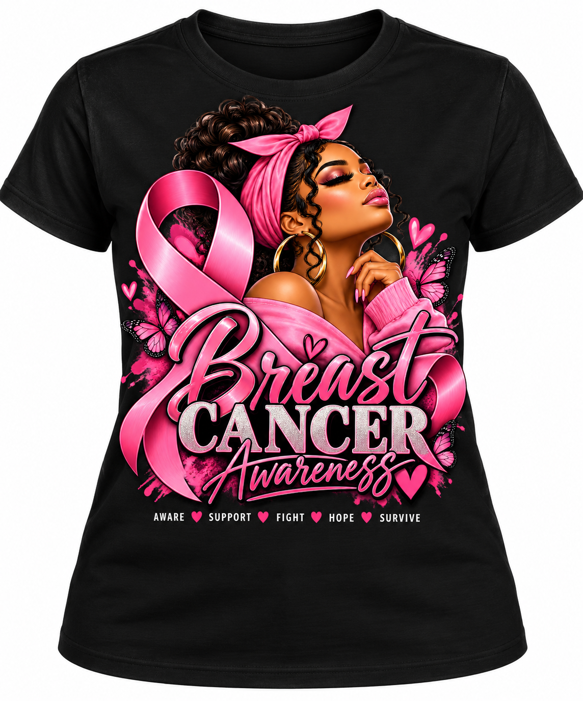 Black Breast Cancer Awareness pink ribbon women's graphic T-shirt