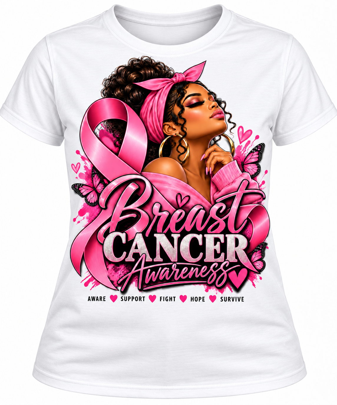 White Breast Cancer Awareness pink ribbon women's graphic T-shirt