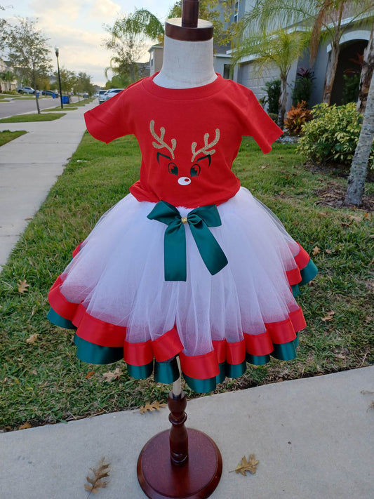 Little Girl Christmas Tutu Set White w/Green & Red
