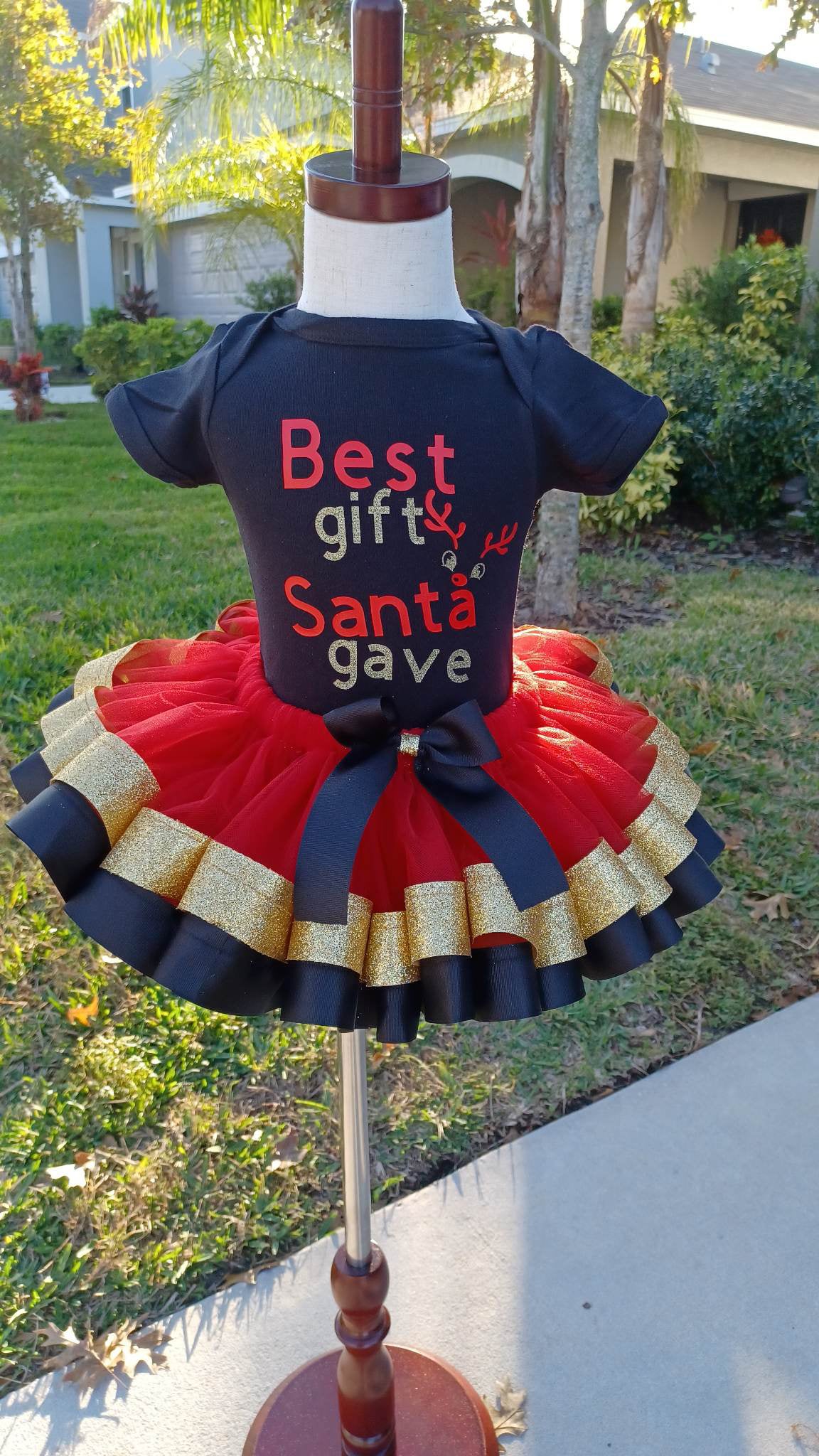 Christmas Tutu Set Red w/Black & Gold Ribbon Trim